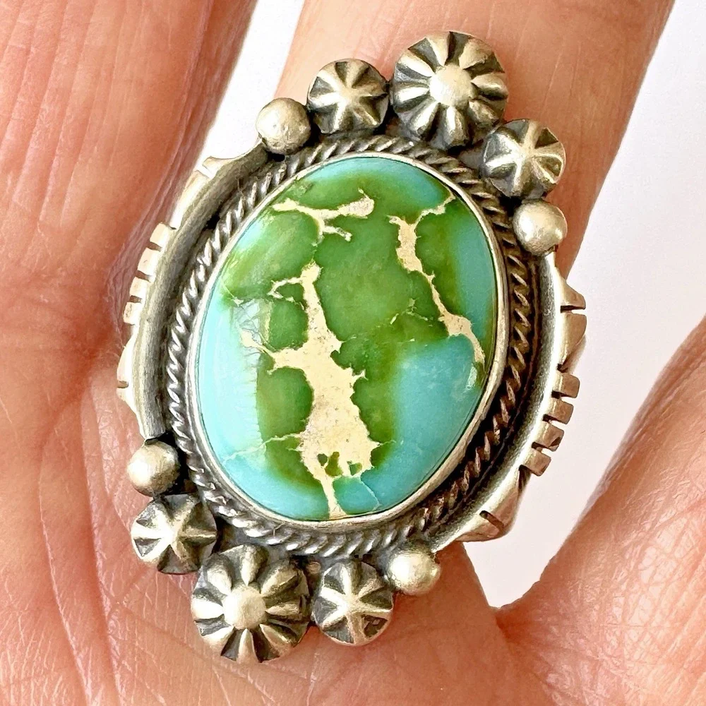 Navajo‎ Turquoise Ring Sz 10 Sonoran Gold Sterling Benally Native American Stars